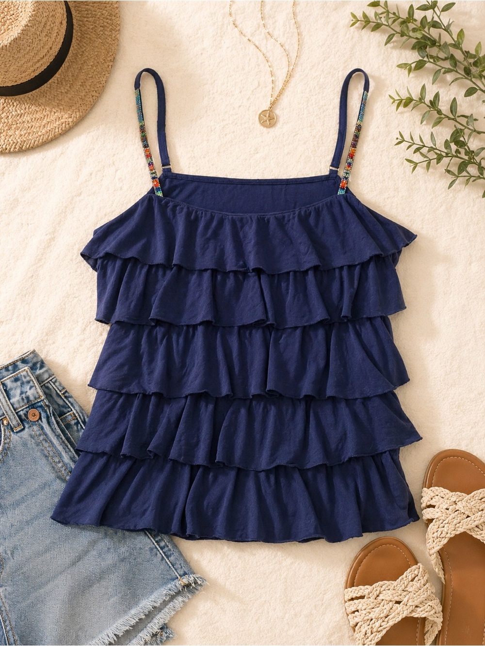 Piper & Blue‎ Juniors XL Ruffle Tank Beaded Strap Boho Navy Cami Fits M
